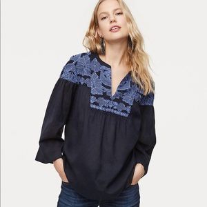 LOFT Navy Blue Floral Embroidered Blouse